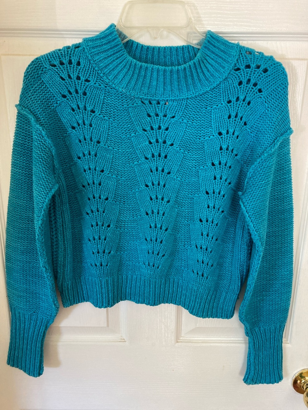 Free People Bright Turquoise Openwork Crew Neck Sweater